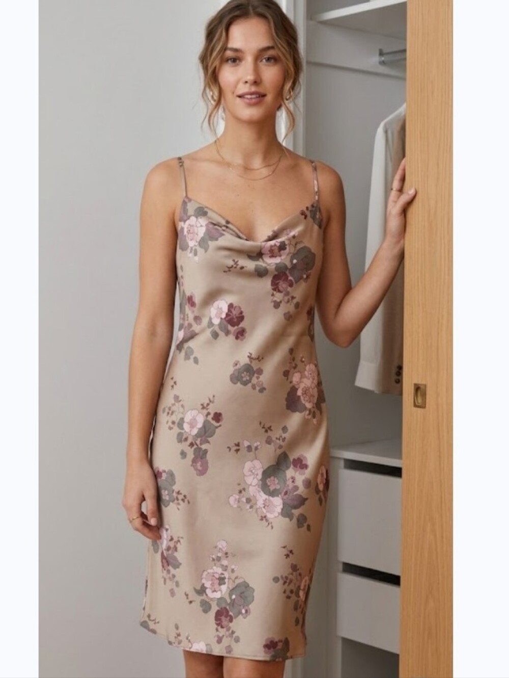 Wilfred Satin Floral Only Cowl-neck Midi Dress in Sandy Beige Talc Pink Size S